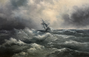 A ship in a stormy sea,  early 20th century