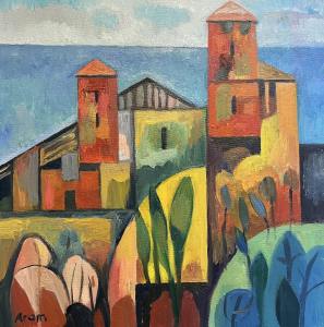 Red houses on the lake shore, 2025